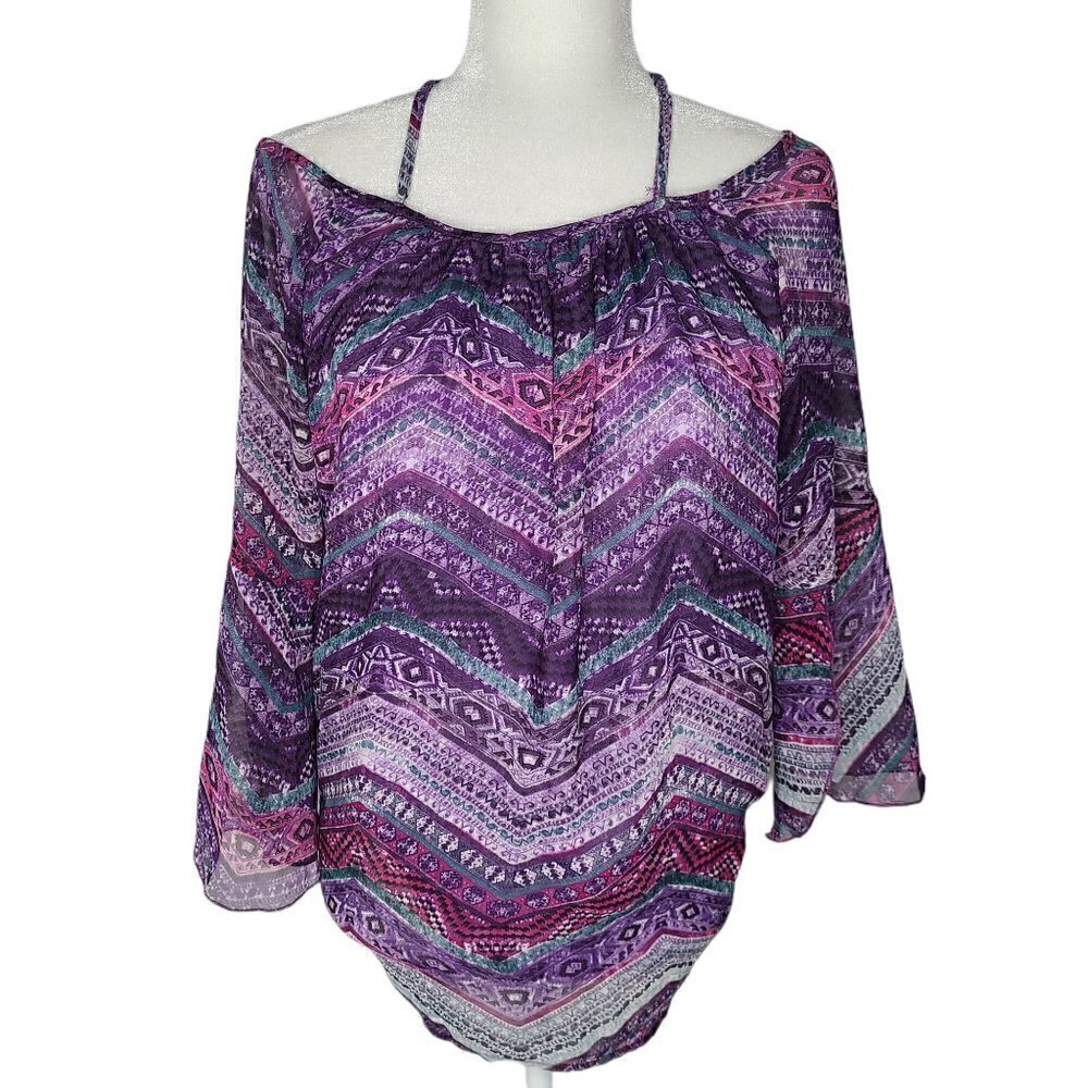 TOBI Purple Sexy Back Wave Boho Bell Sleeve Top